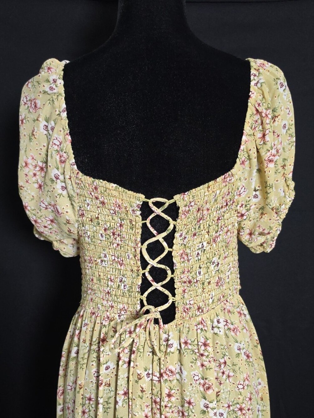 Yellow Floral Smocked Maxi Dress with Puff Sleeves - Picture 4 of 9